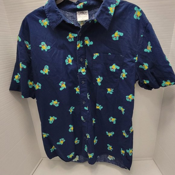 Mens Pokemon Button Polo SS Shirt Nintendo Squirtle Print Blue Pikachu Game M - Picture 8 of 12